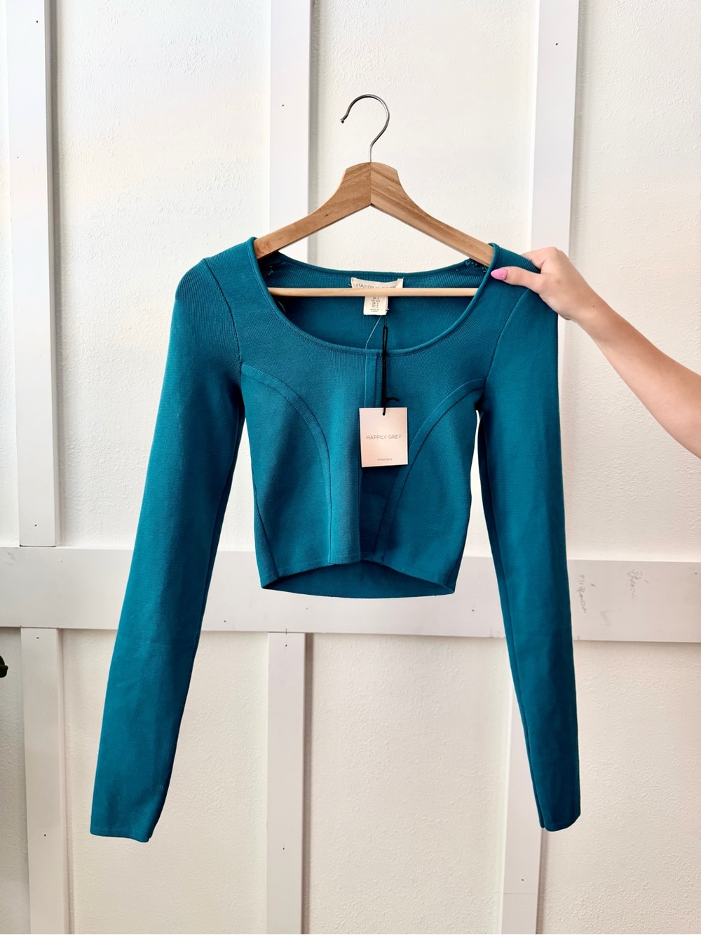Happy Day Teal Long-Sleeve Cropped Top